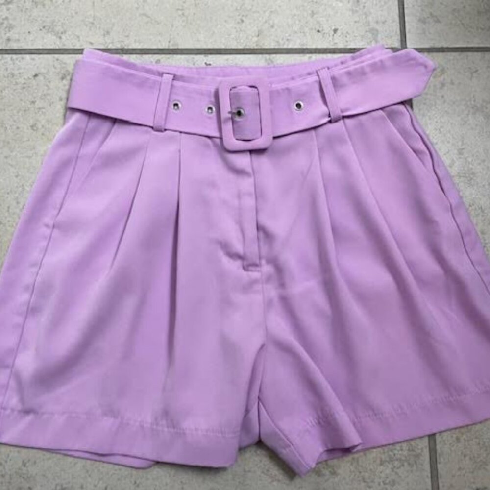 AMISU Women's High Waisted Shorts Small Eur 36 Purple Lilac Belted Pockets NWOT